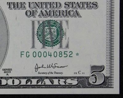 $5 2003A CU Star Federal Reserve Note FG00040852* five $ 640K SINGLE RUN ISSUE - Image 1 of 3