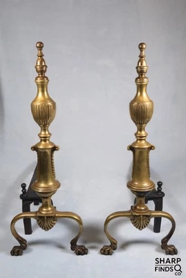 Antique Sheffield Mfg Co NYC Brass Andirons Pair 22" Urn Finial Claw Feet Heavy  - Image 1 of 4