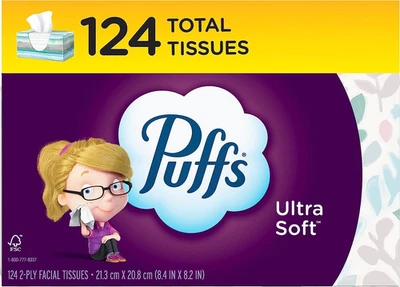 Puffs Ultra Soft Facial Tissues, Family Size Box, 124 Facial Tissues Per Box