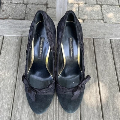 BEVERLY FELDMAN SUEDE Side Bow-tie Black Leather Stacked High Heels 8.5M - Image 1 of 4