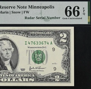 2003 $2 Federal Reserve Note PMG 66EPQ - Fancy Radar Serial Number 47633674 - Picture 1 of 3
