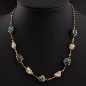 Arts and Crafts Jewellery Gold Turquoise and Pearl Necklace - Picture 1 of 3