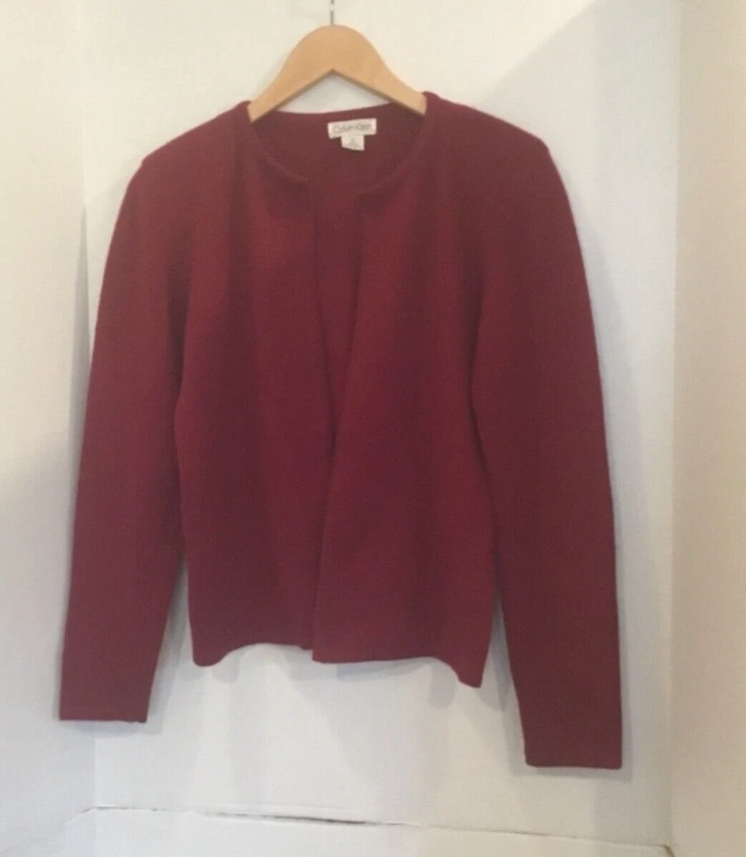 Винтажный CALVIN KLEIN 100% роскошь открытый кардиган кашемир свитер малиновый красный S - Изображение 1 из 1