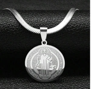 New St Saint Benedict  Medal Round Pendant Necklace Stainless Steel San Benito - Picture 1 of 2
