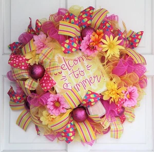 Popsicle Mesh Wreath, Welcome Summer Sign Door Décor, Pink Yellow - Picture 1 of 5