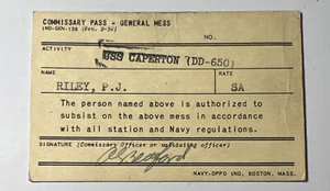 US NAVY Commissary Pass General Mess Card USS Caperton DD 650 - Picture 1 of 2