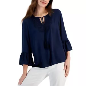 JM Collection Womens Blouse Small Blue Lace-Trim Bell-Sleeve Woven Top - Picture 1 of 8