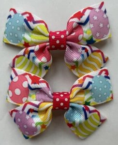 2 Girls Easter Day Bunny Ribbon Hair Bows / Clasps / Clips - Picture 1 of 3