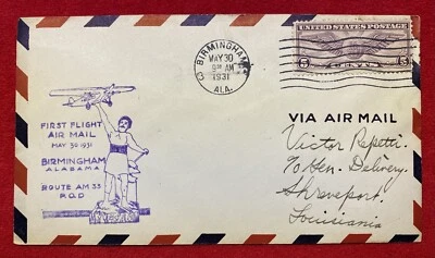 1931 **BIRMINGHAM-SHREVEMPORT** (FIRST-FLIGHT) AIR MAIL COVER+SCOTT# C16 STAMP! - Image 1 of 4
