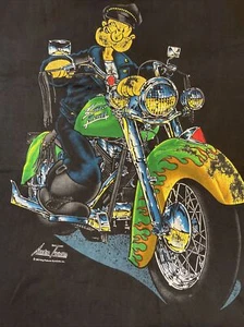Vintage 90s Popeye AutoToons Lighting Biker T Shirt L XL Motorcycle Green Harley - Picture 1 of 11
