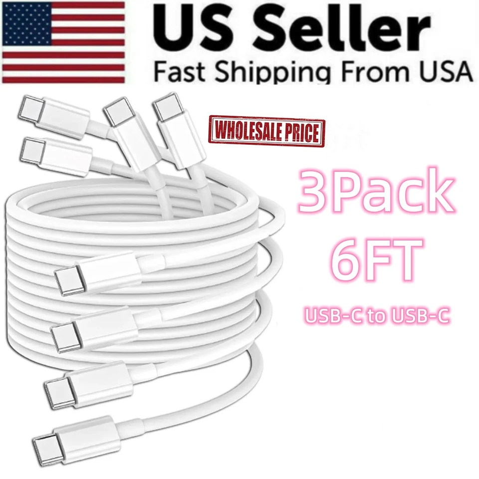 3 Pack 6FT USB-C to USB-C Cable Fast Charge Type C Charging Cord Rapid Charger - Image 1 of 4