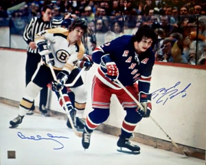 BOBBY ORR & BRAD PARK DUAL AUTOGRAPHED  BRUINS  RANGERS 16x20 PHOTO GNR COA - Afbeelding 1 van 2