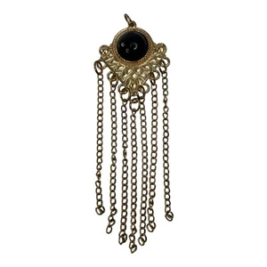 4" Tassel Pendant Gold Tone With Black Cabochon Stone Faux Onyx Dangle Statement - Picture 1 of 7