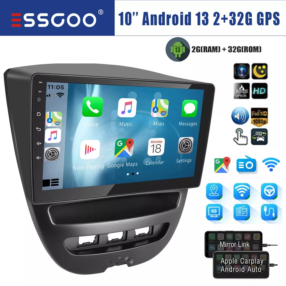 Autoradio Carplay Android 13 Auto GPS RDS Per Peugeot 107 Toyota Aygo Citroen C1 - Immagine 1 di 4