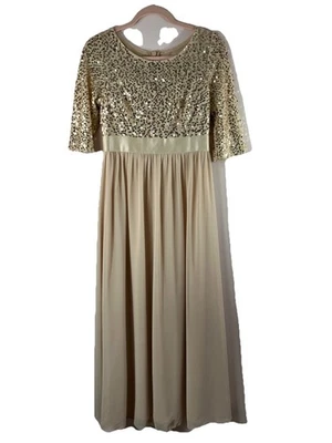 Vestido Formal Ever Pretty Beige de Gasa con Lentejuelas Doradas Talla 8 Estilo Bridgerton DEFECTUOSO Foto 1 de 4
