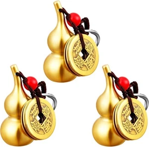 3 Pezzi Portachiavi Wu Lou in Ottone Feng Shui Zucca Cinese con Cinque Monete... - Foto 1 di 5