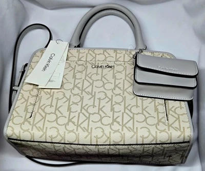 Calvin Klein Women's Medium Satchel Handbag with pouch CK Logo Vanilla/ Dove - Image 1 of 4