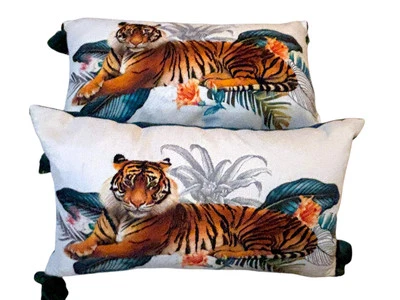 Set Of 2 Bengal Tiger Lumbar Pillows Embroidered Stripes Green Tassels Rare HTF - Image 1 of 4