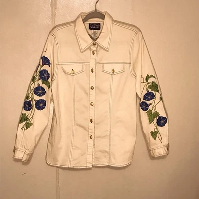 Bob Mackie Wearable Art Morning Glory Embroidered Jeans Jacket S White Blue - Image 1 of 4