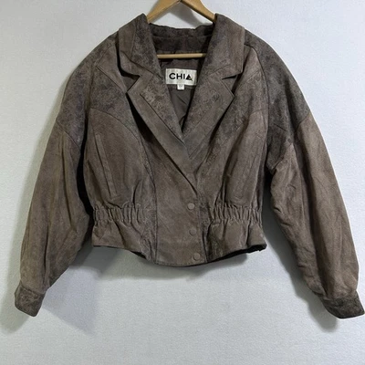 Vtg 80s CHIA Womens Brown Leather Bomber Jacket L Ornate Shoulder Shoulder Pads - Image 1 of 4