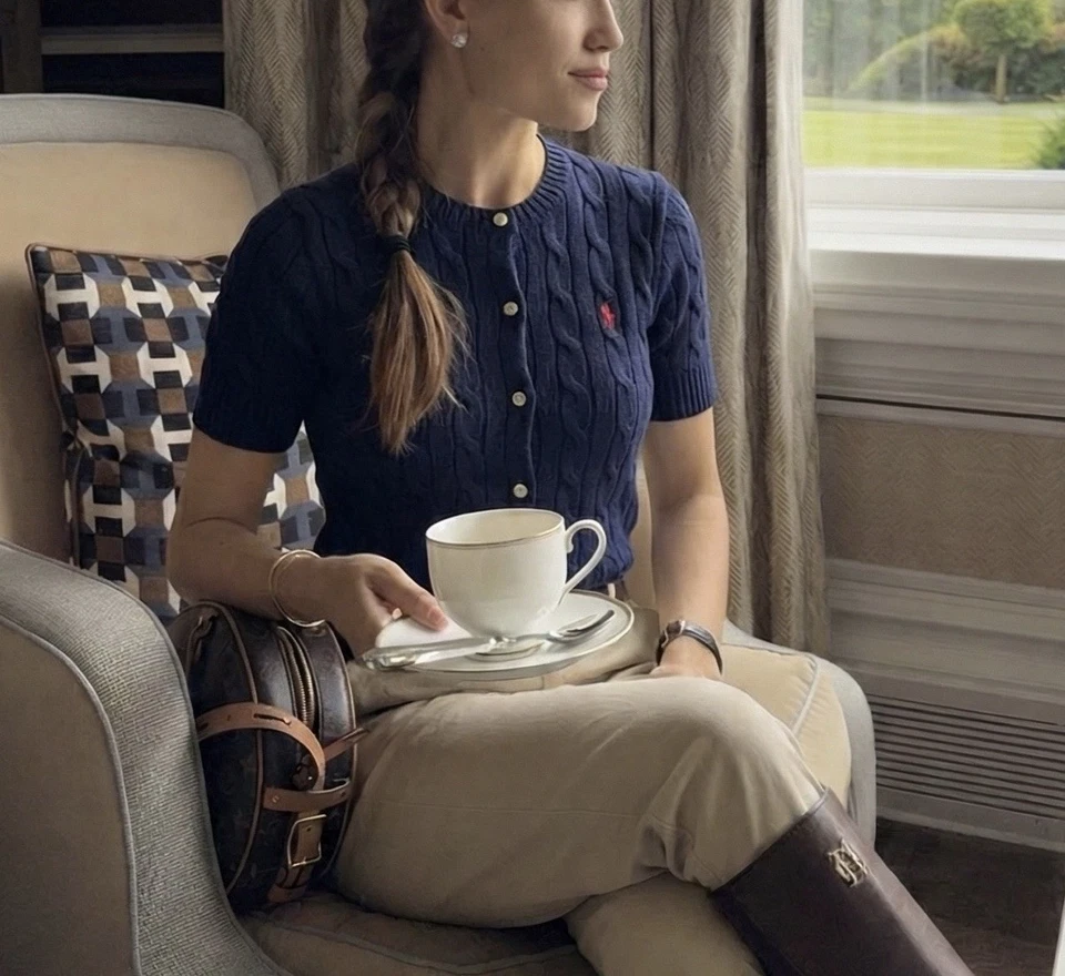 Cárdigan para mujer talla S/Ralph Lauren tejido con cable manga corta azul marino Foto 1 de 4