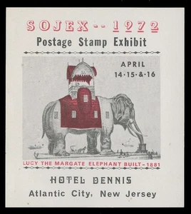 1972 SOJEX STAMP SHOW LABEL - LUCY THE MARGATE ELEPHANT - Picture 1 of 1