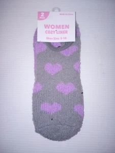 Women Cozy Liner Socks Hearts and Polka Dots  2 Pack Size 5-10 Gray Purple - Picture 1 of 2