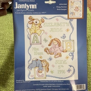 Janlynn Sleepy Bunnies Birth Sampler Counted Cross Stitch Stamped NEW 054-0064 - Picture 1 of 2