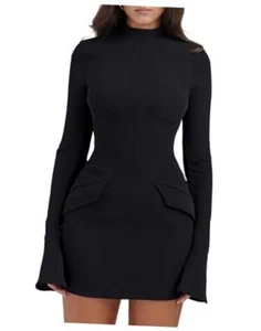 Women's Long Sleeve Mock Turtle Neck Bodycon Mini Tank Short Medium Black - Picture 1 of 7
