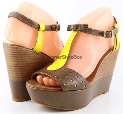 $250 JUICY COUTURE KATI Stone Lemon Leather Designer Sandals Platform Wedges 7 - Image 1 of 4