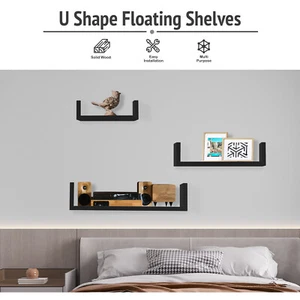 Black Wall Mounted Shelf U Shaped Floating Shelves Set of 3 Size Storage Display - Picture 1 of 6