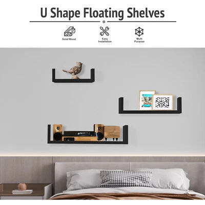 Black Wall Mounted Shelf U Shaped Floating Shelves Set of 3 Size Storage Display - Image 1 of 4