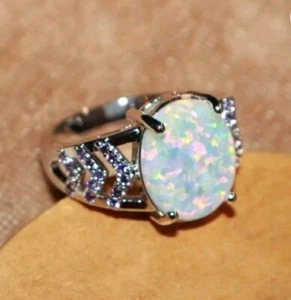 Size : 8 Women White Fire opal gemstone CZ Silver plated Ring. - Picture 1 of 8