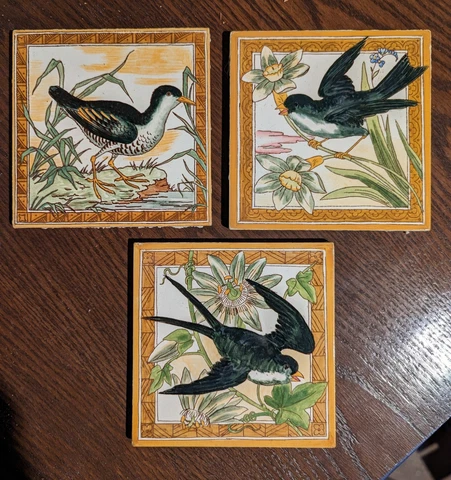Set of 3 Antique Hand-Painted Tiles: Minton Hollins Birds in Extraordinary Color Cover