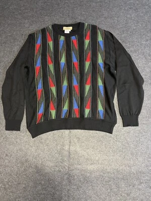 Montechiaro Black Patterned Wool Blend Pullover Size Y2K Pattern XLarge Crewneck - Image 1 of 4