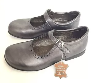 Bopy Savenay grey leather girls Mary Jane w buckle NEW - Picture 1 of 7