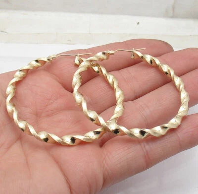 1 3/4" Full Twisted Round Hoop Earrings REAL 10K Yellow Gold 5mm X 47mm - Изображение 1 из 4