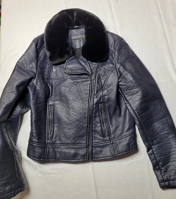 Members Only x Urban Outfitters Vegan Leather Jacket Large Navy Black  Fur EUC  - Image 1 of 4