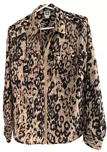 Anne Klein Blouse Womens M Black Tan Animal Print Top Zip Front Fitted Roll Tab - Picture 1 of 20