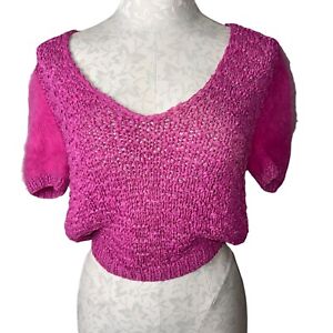Vintage Sweater Womens Size Small Pink Knit Woven Ribbon Puff Angora Sleeve