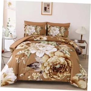 Floral Comforter Set Size,7 Pieces Flower Pattern Bed in a Queen Brown - Picture 1 of 8
