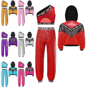 Kids Girls Suit Jazz Set Stage Performance Outfit Athletic Activewear Trousers - Picture 1 of 68