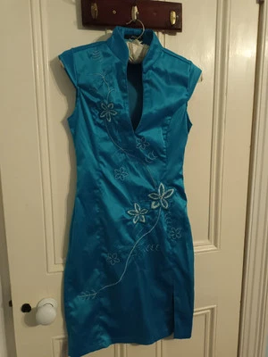 Jane Norman Dark Turquoise Embroidered Floral Bodycon Stretch Dress In Size 10 - Image 1 of 4