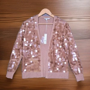 CHICO'S Cardigan Womens 00 (XS) Sequin Sweater Fas Faux Camel Heather Open Front - Picture 1 of 10