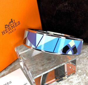 Authentic HERMES Bracelet Bangle Enamel Email Geometric Blue Silver GM 65 w/Case