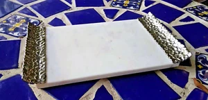 Stunning Michael Aram Silver Pebbled Handled White Marble Serving/Cutting Board - Picture 1 of 10