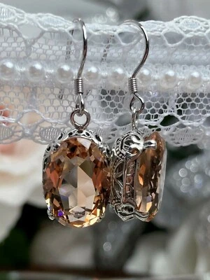 Peach Topaz Earrings, Simulated Gem Sterling Edwardian Filigree (Custom-Made)E70 - Image 1 of 4