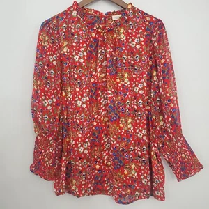 Rachel Zoe Womens Pleated Floral Ruffled Round Neck Blouse Size L Smocked Cuffs - Picture 1 of 8