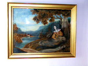 ONE OF A Kind 18TH C Antique American large Hudson River Painting & Stump work 
