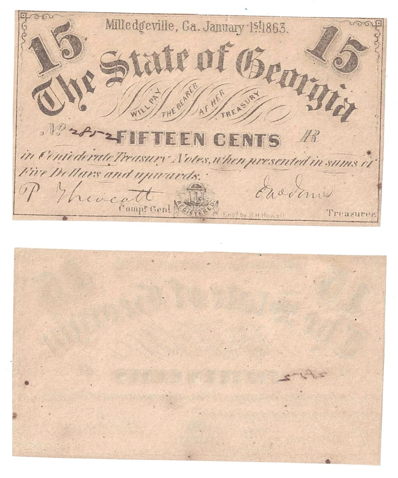 1863 15 Cent The State Of Georgia Milledgeville Cr-17 Uncirculated #2852 R - Image 1 of 1